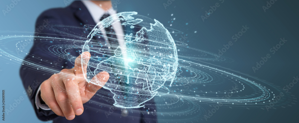 Poster businessman using globe network hologram with europe map 3d rendering