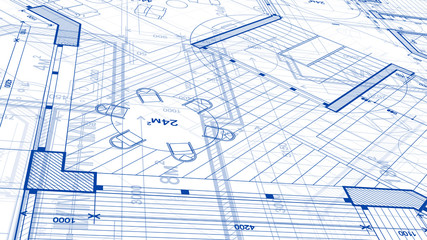 Architecture design: blueprint plan - illustration of a plan modern residential building / technology, industry, business concept illustration: real estate, building, construction, architecture