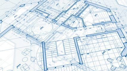 Architecture design: blueprint plan - illustration of a plan modern residential building / technology, industry, business concept illustration: real estate, building, construction, architecture