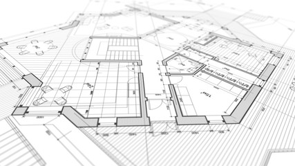Architecture design: blueprint plan - illustration of a plan modern residential building / technology, industry, business concept illustration: real estate, building, construction, architecture