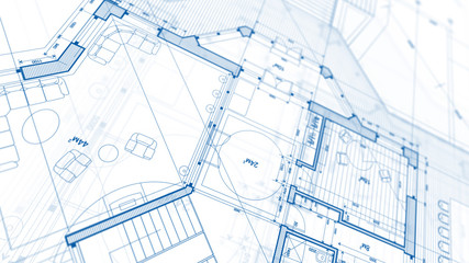 Architecture design: blueprint plan - illustration of a plan modern residential building / technology, industry, business concept illustration: real estate, building, construction, architecture