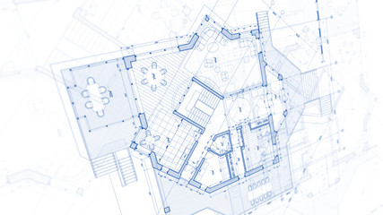 Architecture design: blueprint plan - illustration of a plan modern residential building / technology, industry, business concept illustration: real estate, building, construction, architecture