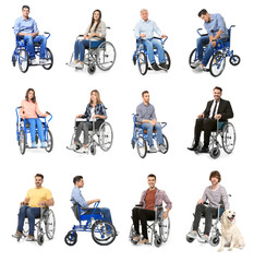 Set with different people in wheelchairs on white background