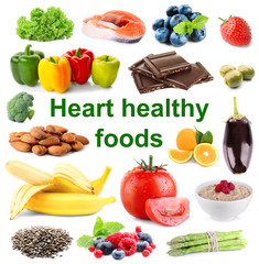 Set of heart healthy foods on white background