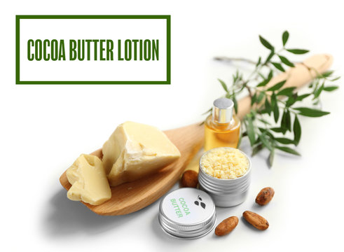 Composition with cocoa butter lotion on white background