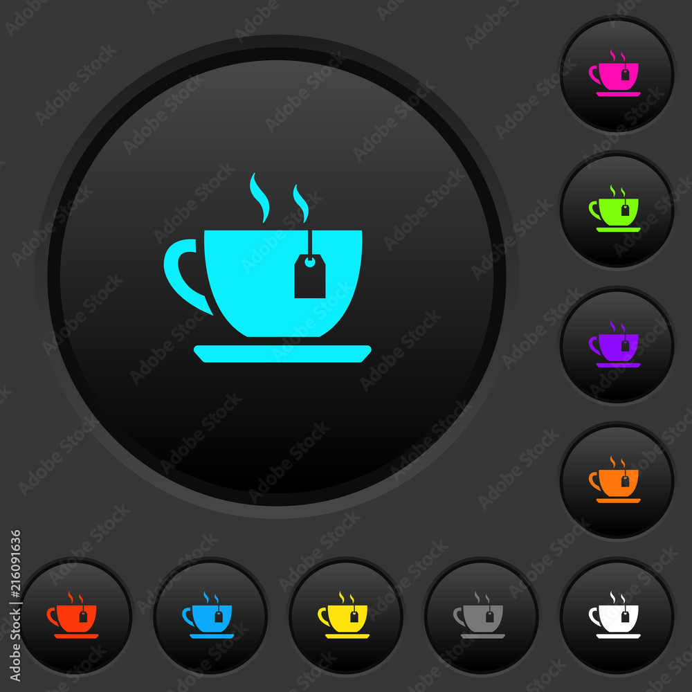 Poster cup of tea with teabag dark push buttons with color icons