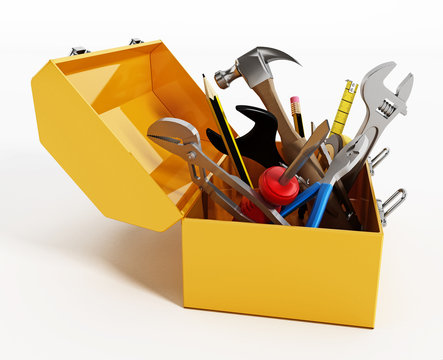 Yellow toolbox with hand tools. 3D illustration