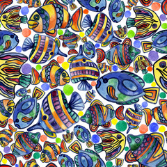 Aquarium, river, lake, merry, rainbow, colorful fish in the water. Watercolor. Illustration