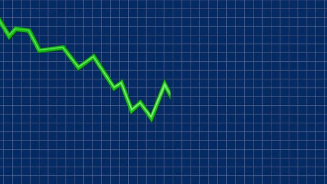 Line Graph descending.Downwards slope 3d animation. Green color. Black and white Alpha matte included