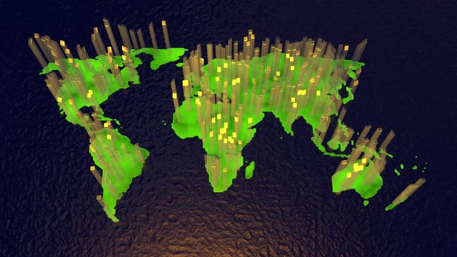 World Map with bars rising, falling. 3d animation. Moving ocean water background.Angled view.