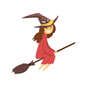 Cute little witch character flying with broom cartoon vector Illustration on a white background