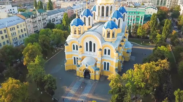 St Volodymyr's Cathedral Kyiv Kiev Ukrain landmarks. Top vie from drone aerial video fooatge. Famouse tourist places. Must visited