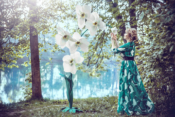 A beautiful girl in a long green dress is standing on the river bank next to white  giant artificial orchids. Looks  sideways.
