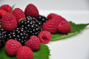 close up of red and black raspberries isolated whited background 