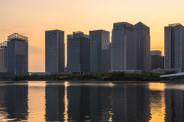 Fototapeta premium urban skyline and modern buildings at dusk, cityscape of China.