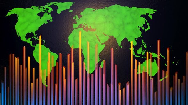World Map with bars rising, falling. 3d animation. Moving ocean water background. Flat front view