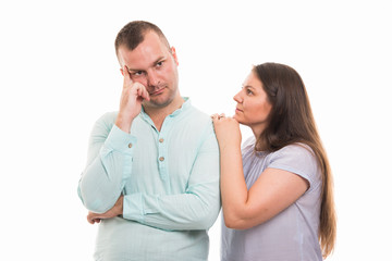 Portrait of young happy couple showing thinking gesture