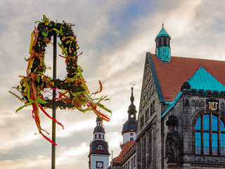 Chemnitz town hall with Easter decorations