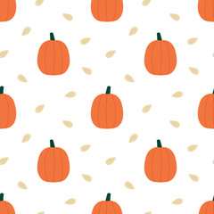 Vector seamless pattern background with cute cartoon pumpkins and seeds for autumn, fall harvest design.