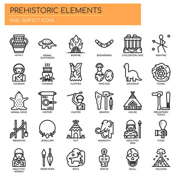 Prehistoric Elements , Thin Line and Pixel Perfect Icons