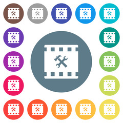 Movie tools flat white icons on round color backgrounds