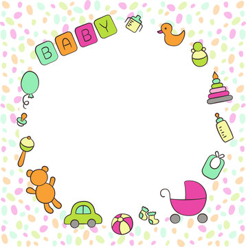 Baby. Newborn. Cute round frame in doodle and cartoon style. Vector. Card for printing, banner, photo album and other