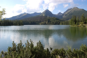 View of the lake Strbske Pleso and the mountains in the summer in the High Tatras.