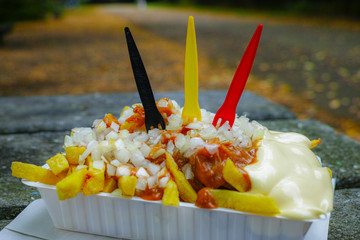 Traditional Belgian fast food, fried potatoes chips with mayonnaise, sate souse and onion served...