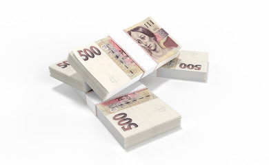 3D realistic render of 500 stack czech crown ceska koruna national money in czech republic. Isolated on white background.