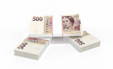 3D realistic render of 500 stack czech crown ceska koruna national money in czech republic. Isolated on white background.