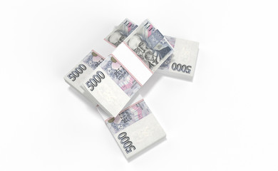 3D realistic render of 5000 stack czech crown ceska koruna national money in czech republic. Isolated on white background.