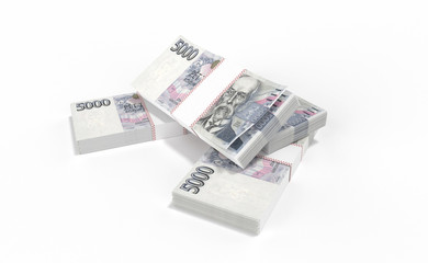 3D realistic render of 5000 stack czech crown ceska koruna national money in czech republic. Isolated on white background.