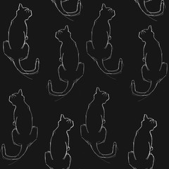 cat sits with his back. kitten. seamless pattern on a black background. sketch silhouette