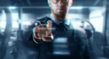 business, people, virtual reality, technology and cyberspace concept - close up of businessman in suit working with something invisible over abstract background