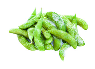 studio shot of Japanese style boiled beans EDAMAME on white background..