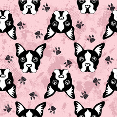 Cute kids dog pattern for girls and boys. Colorful dogs, Bulldog on the abstract grunge background create a fun cartoon drawing.The dog pattern is made in white colors. Urban backdrop for textile