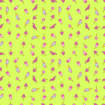 Abstract seamless ice cream pattern. Creative vector kids background with ice cream, cute eyes, cactus, stars, rainbow. Funny kids pattern for textile and fabric. Fashion ice cream pattern style.