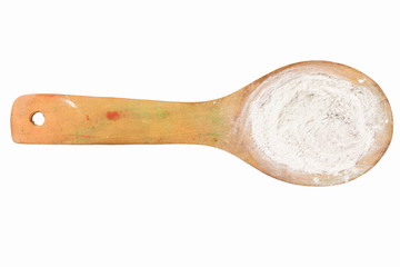 white powder on wooden spoon with clipping path in isolated on white background