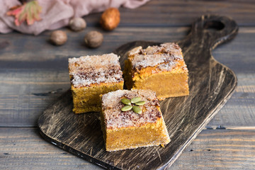 Homemade pumpkin bars with sugar-cinnamon crust