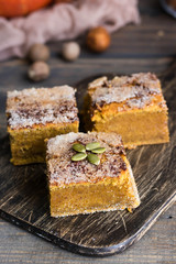 Homemade pumpkin bars with sugar-cinnamon crust