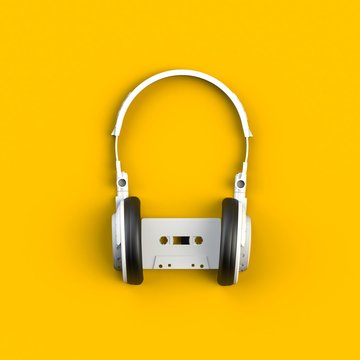 Close up of vintage white audio tape cassette with headset concept illustration on yellow background, Top view with copy space, 3d rendering