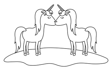 cute unicorns in the grass characters vector illustration design