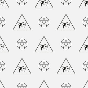 Seamless Pattern made from Mason symbols with pyramids and eyes, vector