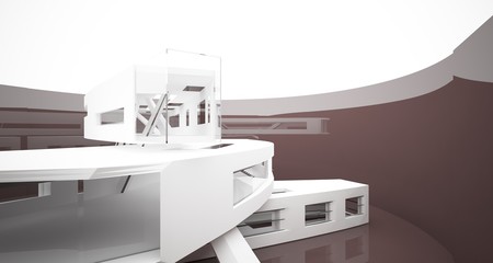 Abstract white and brown interior multilevel public space with window. 3D illustration and rendering.