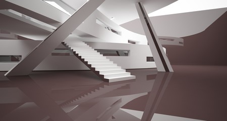 Abstract white and brown interior multilevel public space with window. 3D illustration and rendering.