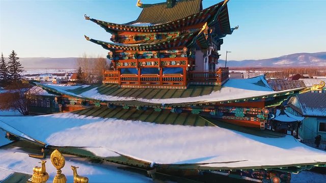 Buddish temple winter landscape aerial view