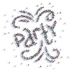 A lot of people form a party, children's drawing . 3d rendering.