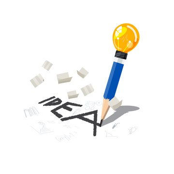 pencil with lightbulb of idea at buttom writing  "IDEA" wording with blowing money - vector
