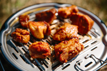 High angle view of two succulent steaks cooking on a barbecue over the hot coals on a green lawn outdoors