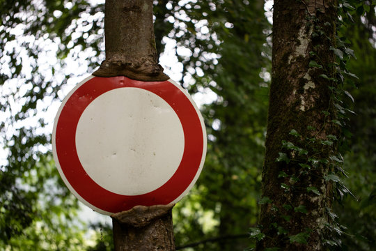 Durchfahrtssperre Schild eingewachsen am Baum